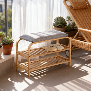 Double Layer Shoe Changing <b>Stool</b> With Storage For Entryway Home Use <b>Bamboo</b> Footrest Bench - Product Image 3