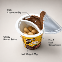 Pot de 15g pour mini-biscuits à tremper, double compartiment, avec pâte de cacao et bâtonnets de biscuit, vente en gros, OEM, directement de l'usine