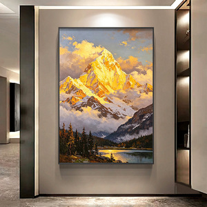 Peinture à l'huile faite à la main, effet visuel 3D, montagne dorée au lever du soleil, encadrée, pour hall d'entrée, salon, couloir, passage - Product Image 3