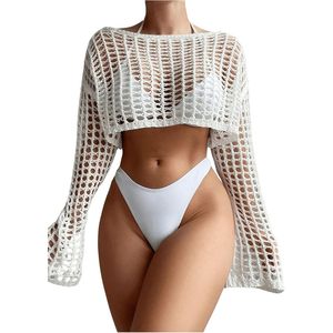 Top de baño de manga larga para mujer, de ganchillo, tejido calado, estilo corto, cuello cuadrado, ajuste holgado, blanco - Product Image 1