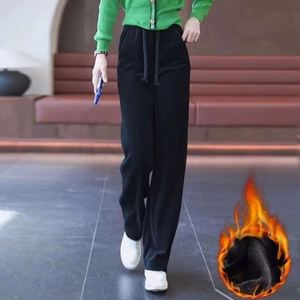 Pantalon décontracté pour femme, hiver, en velours côtelé respirant, sans couture, doublure polaire épaisse, taille haute, cordon de serrage, jambe large et droite - Product Image 5