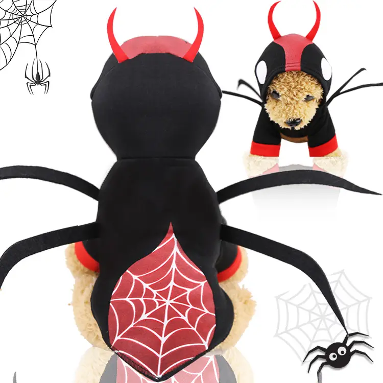 Kain Kualitas Tinggi Desain Laba-laba Hitam dengan Tanduk Setan Bertudung Berkaki 4 Pakaian Anjing untuk Anjing Besar