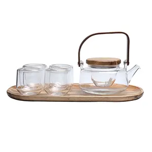 High Glass Teekanne Set mit Teekanne Infuser Tee & Kaffee Blatt 6 Tassen mit Holz tablett