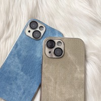 Étui de téléphone en cuir et denim fait main, électroplaqué, pour iPhone 15 Pro Max, ultra fin, premium, avec film de protection intégré pour l'objectif