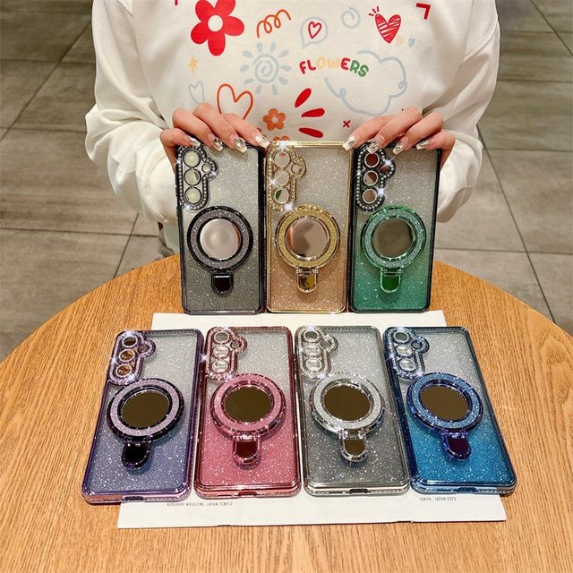 Woman Magnetic Plating Glitter Mirror Stand Holder Back Case for Samsung Galaxy A16 A06 A35 A55 A54 A53 A73 A34 Soft TPU Cover