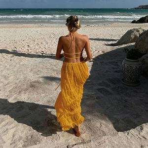 Ensemble jupe deux pièces décontracté en mousseline unie à volants, haut dos nu sans manches et jupe longue étagée, pour femme, plage et été - Product Image 6
