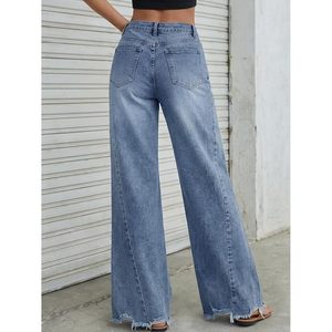 Jean large pour femme, taille haute, en denim extensible, avec ourlet brut, style ample pour un look décontracté - Product Image 4