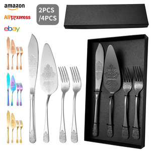 סכין עוגת חתונה זהב ושרת סט ציפוי זהב טיטניום עם תבנית ייחודית עיצוב ערכת הגשה - Product Image 2