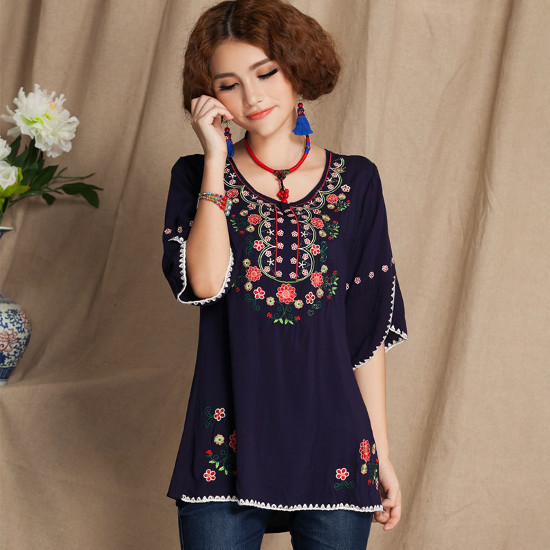 Navy Blue cotton linen embroidered blouse shirt