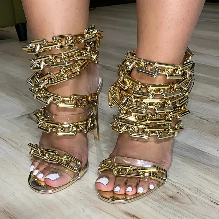 Sandalias de tacón alto de cadena para mujer, zapatos sexys de lujo con cadena de Metal para verano, 2021