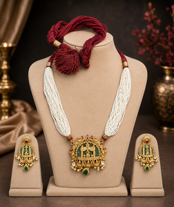 Gold Beaded Necklace and <b>Earring</b> Set with Pearl Strand Tassel Design for Wedding Ethnic Jewelry Women's\ - Product Image 6