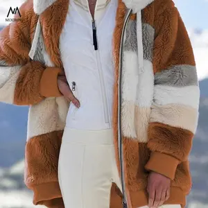 Veste zippée patchwork en peluche pour femme, manteau chaud, décontracté à capuche, ample, mode hiver, MXN, F-80160