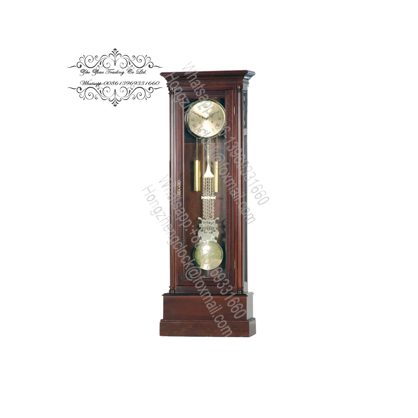 Solid Wood Grandfather Clock Polished brass-finished pendulum and decorative weights are visible behind full-length glass panels