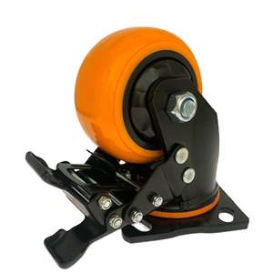 5mm Platten dicke Schwarze Halterung 4 Zoll Korea Style Heavy Duty Orange PU Rollen mit schwarzer Staubs chutz hülle und Doppel bremse - Product Image 1