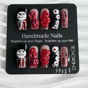 Nouvelles Ongles Press-On Style Gothique Sombre Halloween Spicy Girl Y2K, Design 100% Fait Main avec Strass, Faux Ongles pour Doigts - Product Image 4