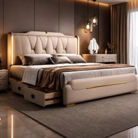 Beiges Kunstleder-Queensize-Bett mit Gepolstertem Kopfteil für Moderne Schlafzimmermöbel
