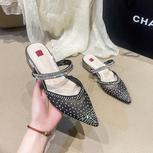 <strong>Champagne</strong> Luxury Block <strong>Heels</strong> Women's Mesh Pumps Size 31-43 3CM Low Pointy Toe Slip-On Anti-Slippery Disposable EVA Summer - Product Image 3