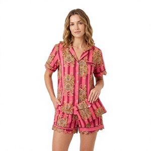 Conjunto de Pijama de Manga Corta con Cuello en V y Estampado de Tigre Rosa para Mujer, con Cierre de Botones, Transpirable, de Algodón, Informal, para Dormir en Verano - Product Image 1