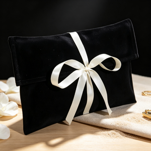 Pochette de luxe en velours noir style enveloppe avec nœud en satin blanc, sac cadeau personnalisé en tissu pour bijoux, cosmétiques et emballages cadeaux - Product Image 3