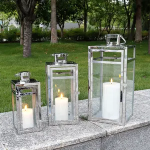 Set 3 Perak Gantung Lilin Lentera Stainless Steel Kaca Tempered Luar Lantai Persegi Tempat Lilin untuk Pernikahan Dekorasi Rumah