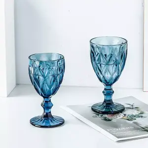 Venda por atacado de vidro colorido goblet vinho óculos água vidro prensado azul vidro