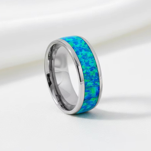 Anillo de Carburo de Tungsteno Plateado de 8mm con Incrustaciones de Ópalo de Fuego Azul Natural, Moderno, <span class=keywords><strong>para</strong></span> Parejas, Regalo de <span class=keywords><strong>Boda</strong></span>, Compromiso o Fiesta - Product Image 2