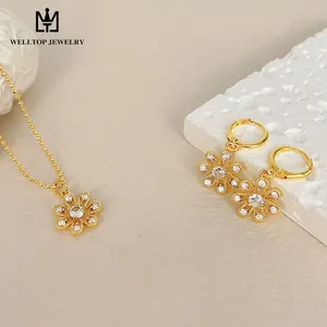 18 Karat vergoldet Modeschmuck Design Zirkon Blumen ohrringe Halskette Set