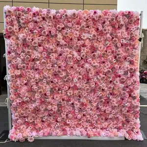 8*8 फीट थोक विवाह सजावट रेशम कृत्रिम छत मैट फूल गुलाबी गुलाब 3डी लक्जरी फूल सजावटी फूल दीवार पैनल