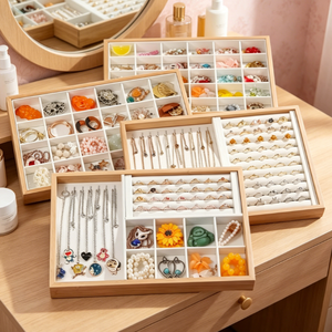 Natural Wooden Divided <b>Jewelry</b> Tray, Multi-grid Earring Ring <b>Necklace</b> Storage Display Organizer <b>Box</b> - Product Image 3