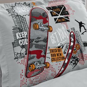 Juego de Ropa de Cama Infantil con Diseño de Skateboard, Edredón Acolchado con Tema Urbano para Niños, Decoración para Habitación Juvenil en Gris y Rojo - Product Image 2