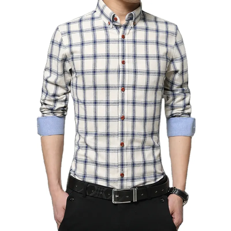 Camicia a quadri a maniche lunghe a contrasto in puro cotone con colletto abbottonato personalizzato per uomo