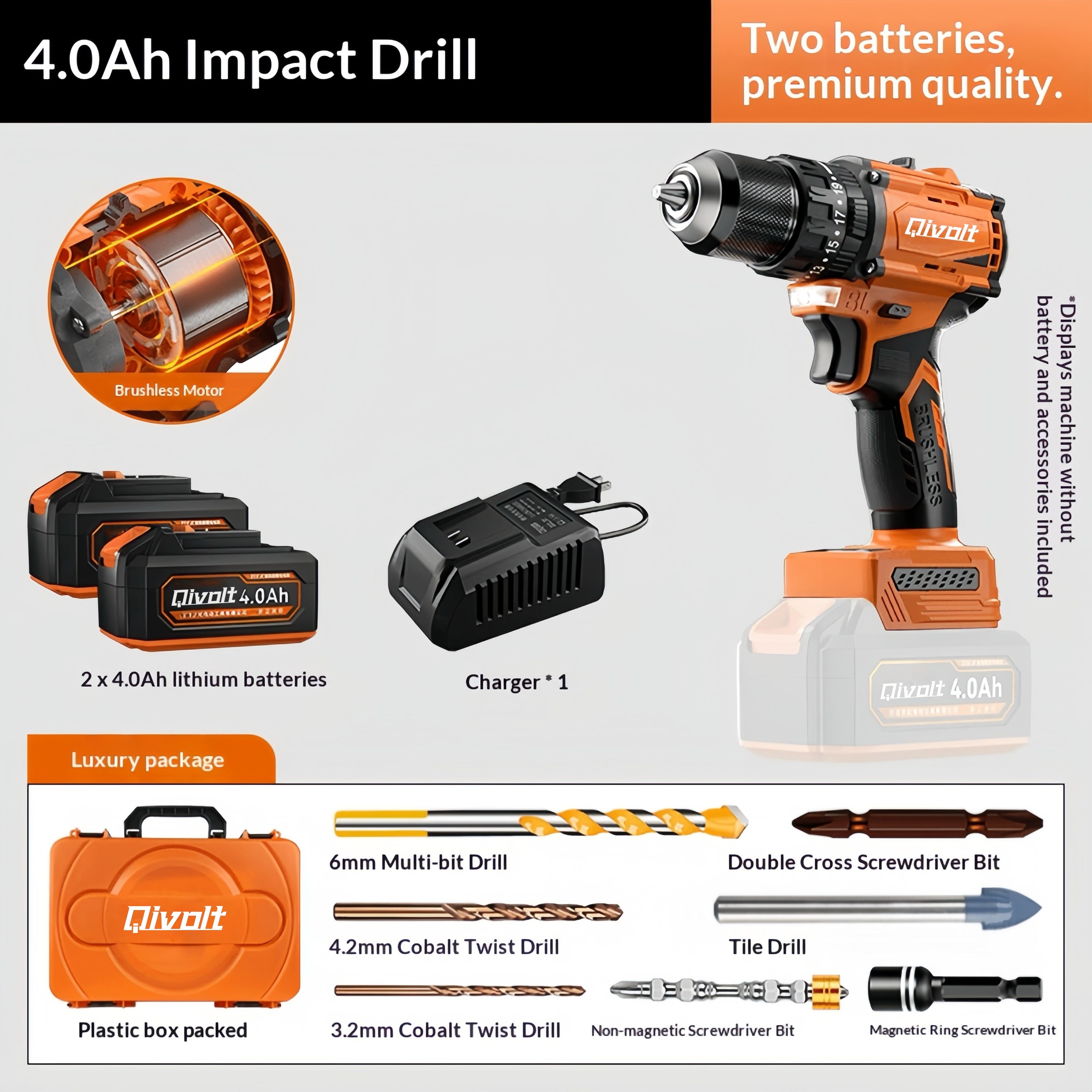 (Orange)Smart Drill with 2pcs 4Ah battery & charger