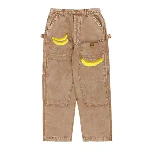 Custom Men Fall New Fashion Loose Fit Rugged Wash Denim Cargo Jeans With Custom Banana Patching