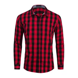 Camisa Retro de manga larga para hombre, camisa a cuadros de ajuste Regular informal, con logotipo personalizado, 100% algodón, rojo y negro