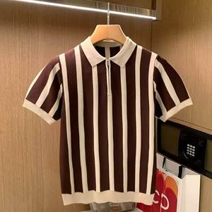 Polo de punto informal a rayas con bloque de color de Cachemira al por mayor, sudadera de manga corta con cremallera de secado rápido para hombre - Product Image 3