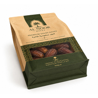 Sachet d'emballage personnalisé en papier kraft pour dattes, à 8 soudures latérales, pochette verticale avec fermeture éclair et fenêtre transparente pour dattes saoudiennes
