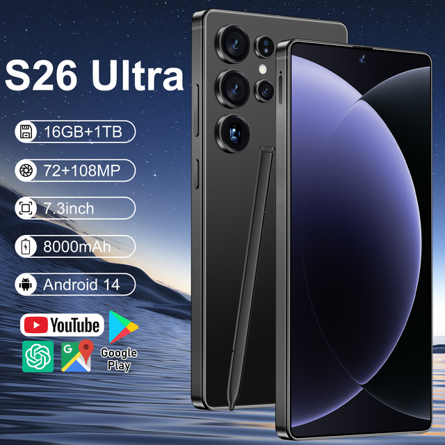 Hot Selling Android 14 S26 ultra Gaming Smartphone 16GB+1TB 7.3inch HD Screen 3G4G5G Compatible Used Condition High Quality