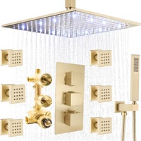 Système de douche pluie en laiton doré brossé 12 pouces avec LED, robinetterie thermostatique et douchette à main HOMEDEC
