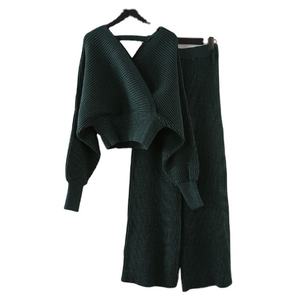 Conjunto de 2 piezas de Jersey de punto para mujer, jersey con manga farol en la parte trasera abierta, cuello en V, Color sólido, moda de otoño - Product Image 2