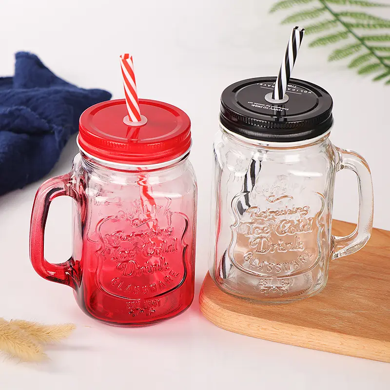 Biểu tượng tùy chỉnh khắc bia trong suốt nước ép cà phê thủy tinh Mason Jar với nắp và rơm