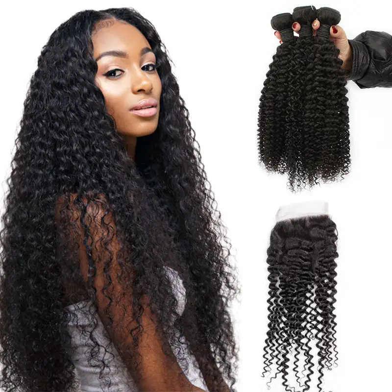 Wholesale overnight shipping free sample 100% raw virgin brazilian kinky curls human hair weaves 3 deals bundles and closure set