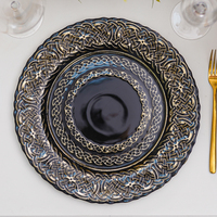 Assiettes de présentation en verre décoratives haut de gamme pour mariage, vente en gros, luxe, rondes, noir et or, 13 pouces, pour événements de mariage, hôtel