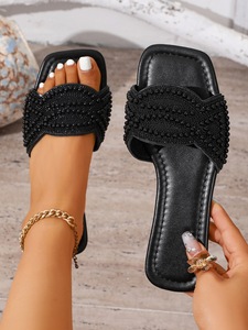 Women Pearl Embellished Square Toe <b>Slide</b> Sandals Open Toe Flat Slippers For Summer Beach Party - Product Image 6