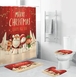 Рождественский комплект из четырех предметов, занавески для ванной, коврик для туалета, напольный коврик, занавеска для душа из полиэстера, водонепроницаемая