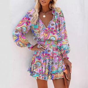 <span class=keywords><strong>Abito</strong></span> Mini da Donna 2026 con Stampa Floreale e Leopardata, Scollo a V, Maniche Lunghe, Vita Arricciata, per Vacanze e Streetwear - Product Image 4