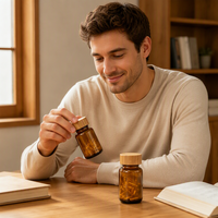 Flacon à capsules en verre noir de qualité supérieure avec couvercle en bambou naturel, pot en verre foncé pour compléments de santé, support d'étiquette personnalisée