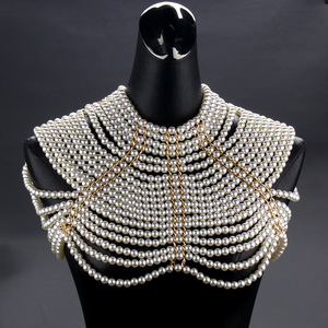 Collier de corps en perles pour <span class=keywords><strong>femme</strong></span>, chaîne de corps avec grosses perles, haut court épais, soutien-gorge en <span class=keywords><strong>maille</strong></span>, collier ras du cou, écharpe d'épaule, bijoux, costume - Product Image 1