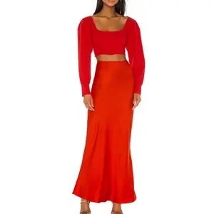 Dịch Vụ OEM 100% Polyester Phụ Nữ Red Puff Sleeves Áo Top Với Váy Quần Áo 2 Piece Set