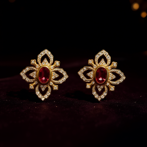 Orecchini a perno vintage placcati oro con rubino, design floreale, montatura a castone, gioielli da festa da donna, orecchini alla moda in lega - Product Image 2