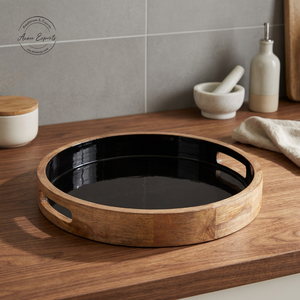 Best Price From India Handcrafted Large Round Wooden <b>Tray</b> with <b>Black</b> Enameled Finish Used for Hotel Restaurant <b>Serving</b> - Product Image 1